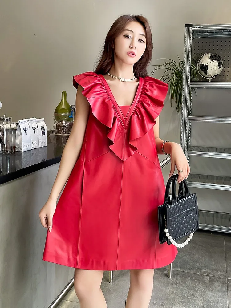 Women Fashion Ruffles V Neck Genuine Leather Dress Knee Length A Line Mid Red Dresses Vintage Lady Spring Sleeveless Tank Dress