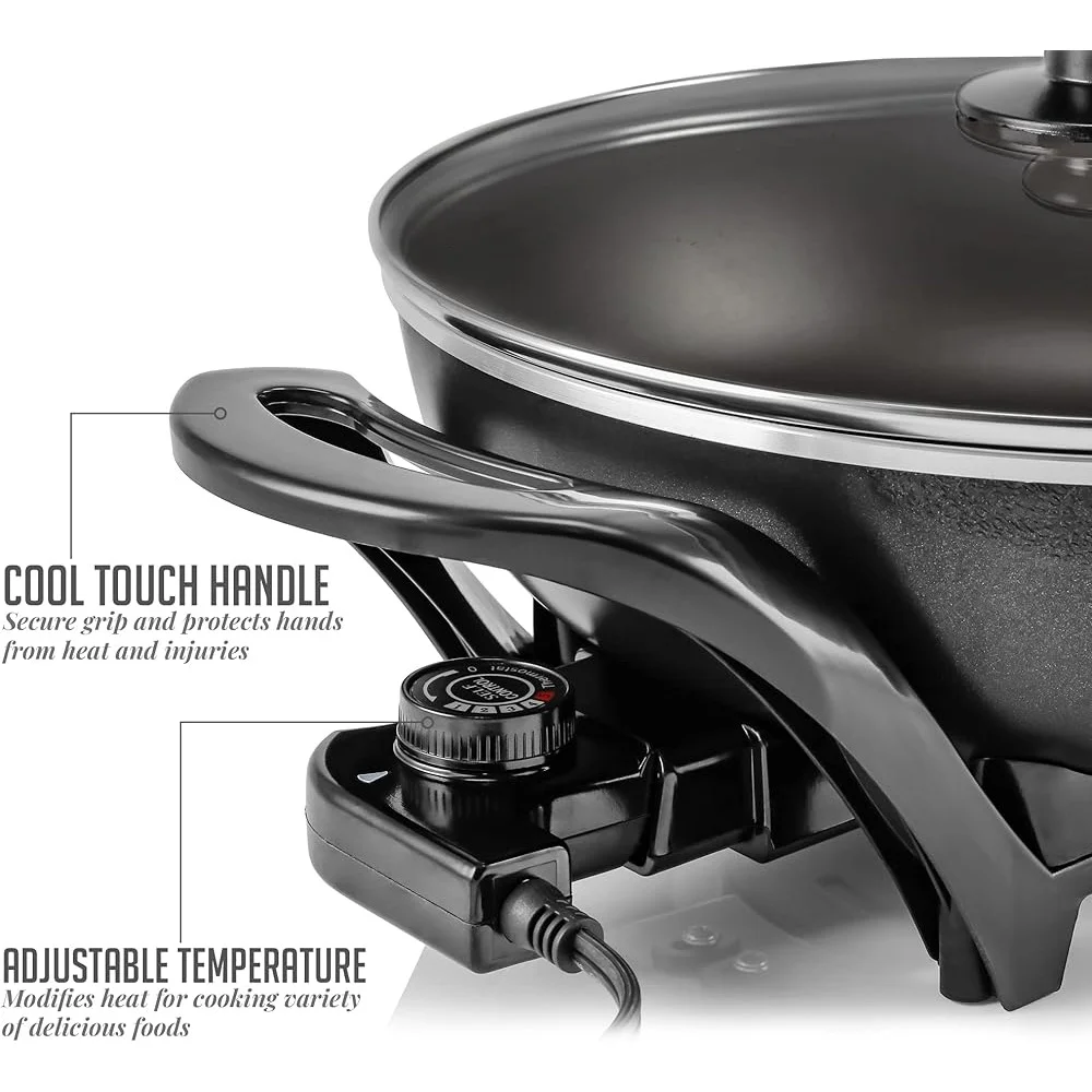 Elektrische Wok-Pfanne mit Antihaftbeschichtung, 13 Zoll, Familien-Bratpfanne, 1400 W, verstellbare Temperatur, Glasdeckel, cooler Touch-Griff, sicheres Kochen