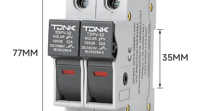 TDNK 2P DC1000V 32A Solar-PV-Sicherungshalter mit 2 Stück 10×38mm PV-Sicherungen, LED-Anzeige, DIN-Schienenmontage – Detail 9