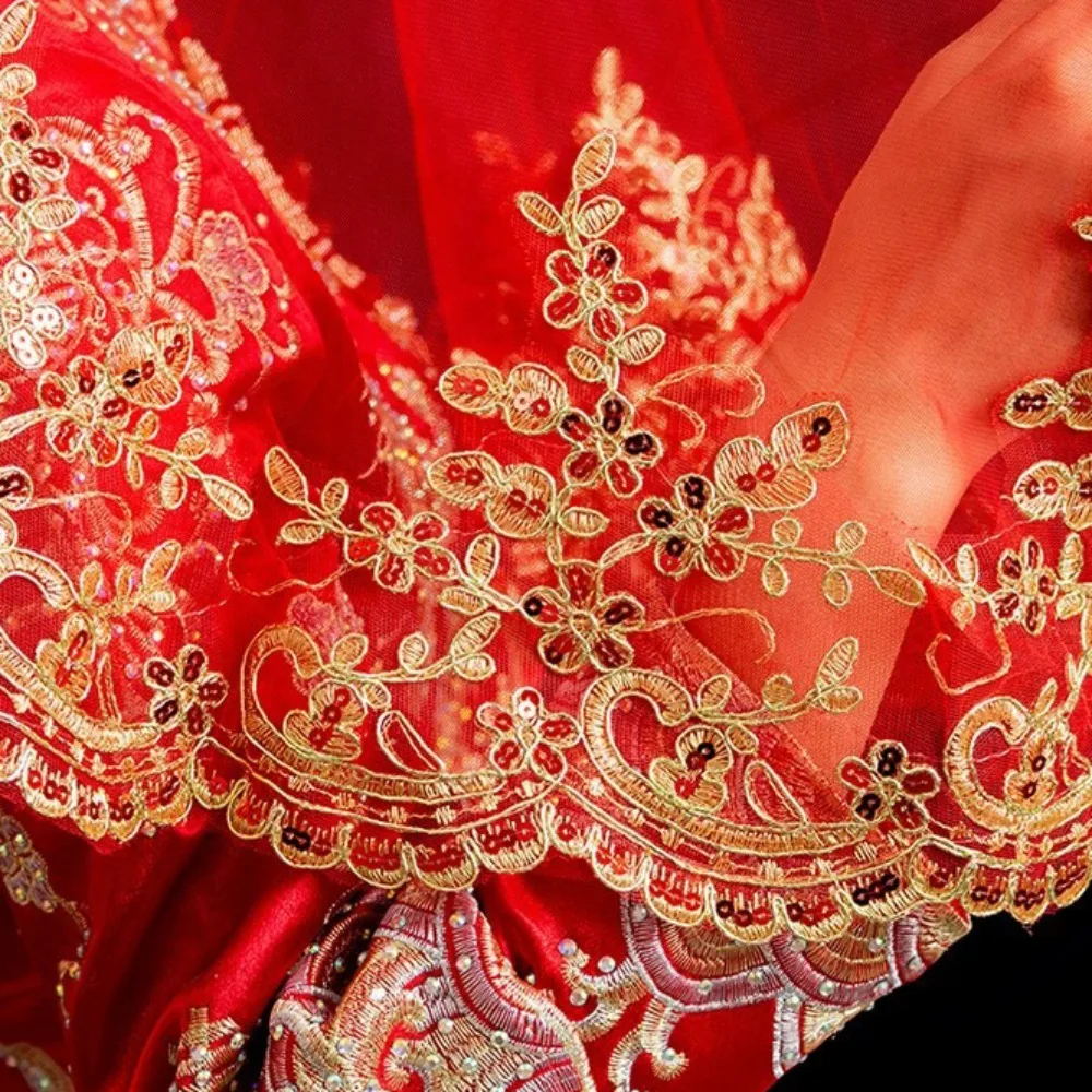 Retro Gauze Gold Embroidery Red Bridal Veil Lace Short Wedding Head Cover Elegant Ancient Xiuhe Dress Veil Proposal image 4