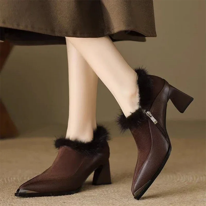 

Women Sexy Plush High Heels Chelsea Ankle Boots Luxury Pointed Toe Zipper Shoes 2025 Winter Fashion Gladiator Pumps Botas New