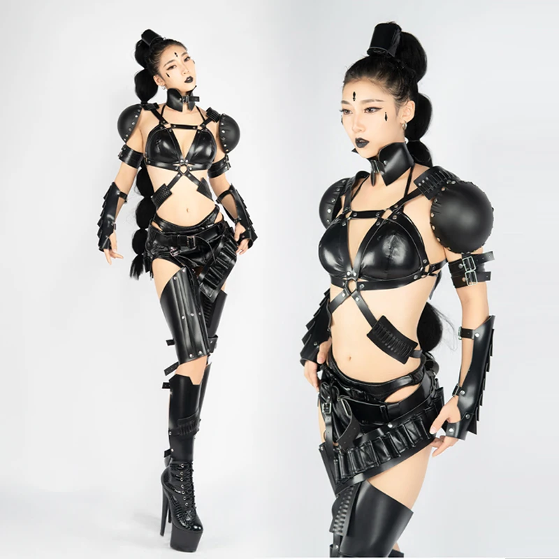 Dark Female Warrior Nightclub Gogo Dancer Outfit Sexy Chest Strap Bar Dj Ds Clothes Cosplay Costume Party Rave Outfit VDB5155