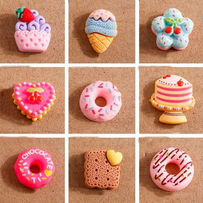 10pcs Mix Cute Food Donut Cake Flat back Resin Cabochon Embellishments DIY Scrapbooking for Girls Hairpin Brooch Hair Bows