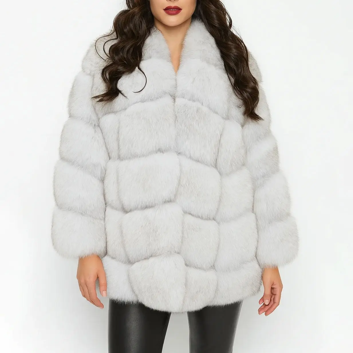 

real blue fox fur coat for women v-neck long sleeve overcoat furry luxury thick jacket 250472
