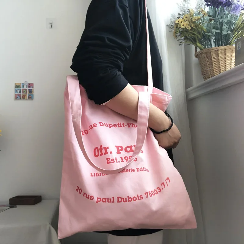 Peach Pink Canvas Shoulder Bag for Women Simple Letter Ladies Large Shopping Bags Thin Cotton Student Girls School Tote Handbags