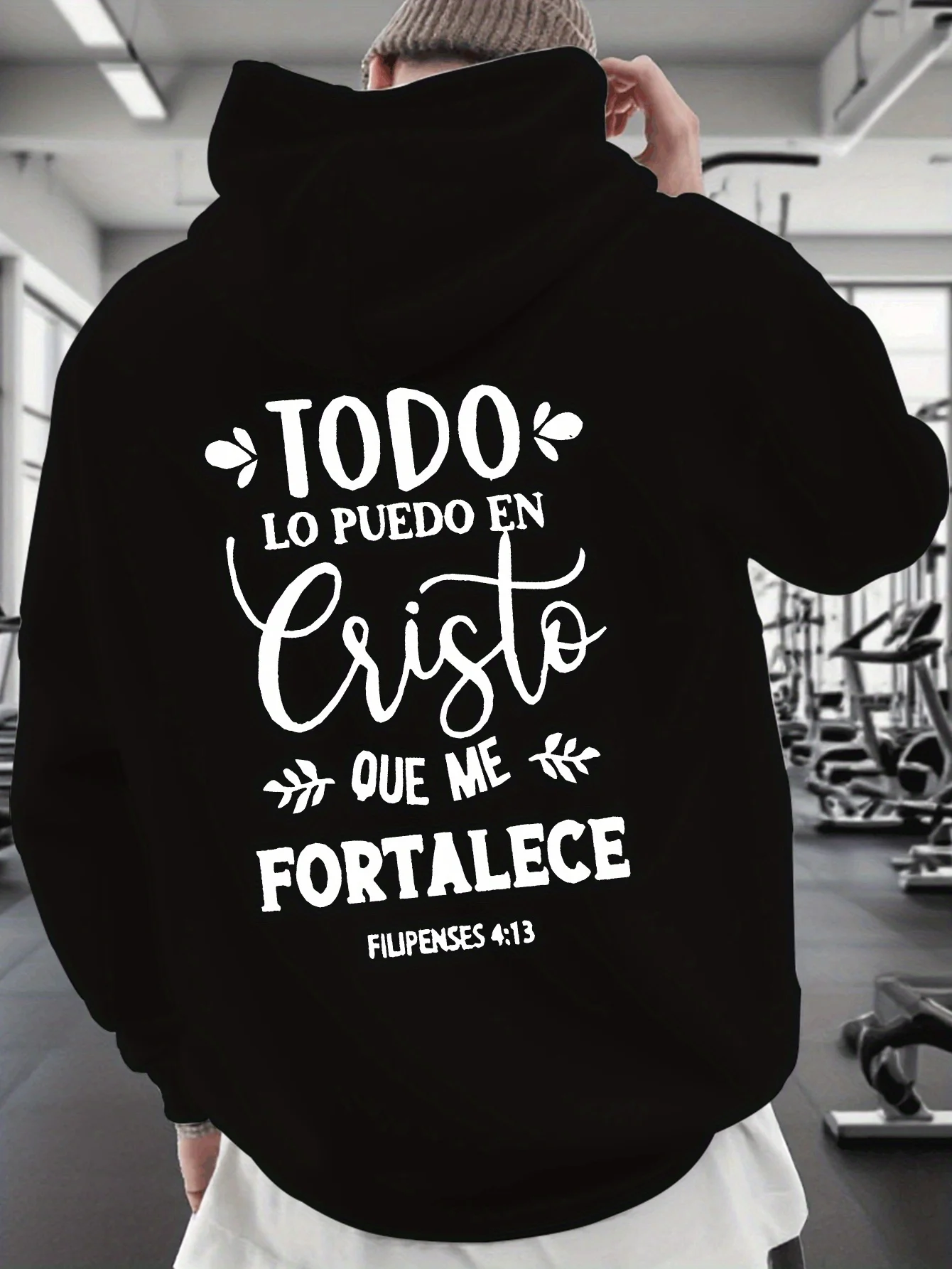 

Hoodie，Featuring bold Spanish religious design on the back (verse: "If God is with us, who can stand against us - Romans 8:31")