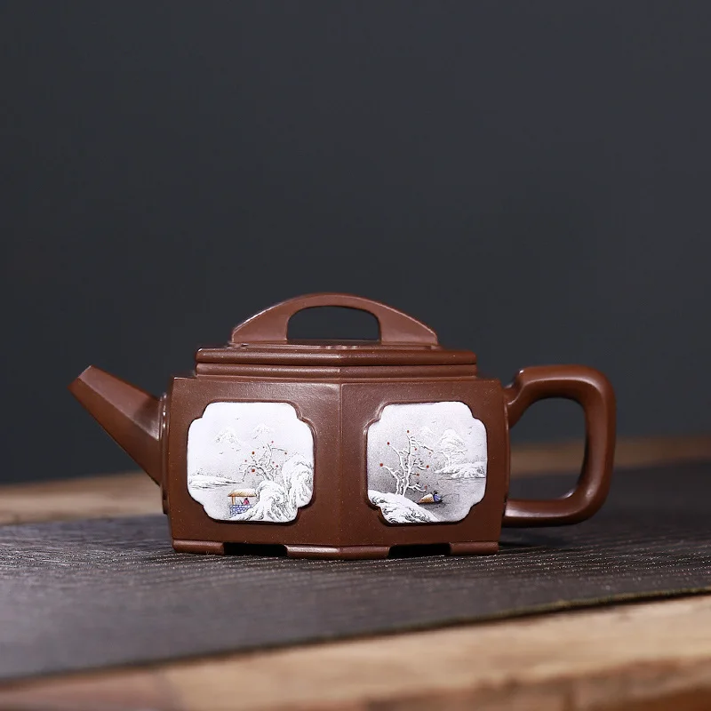 Dropshipping Yixing High-Quality Handmade Purple Clay Teapot Hexagonal Hanwa Shape Made From Original Ore Painted By A Provin