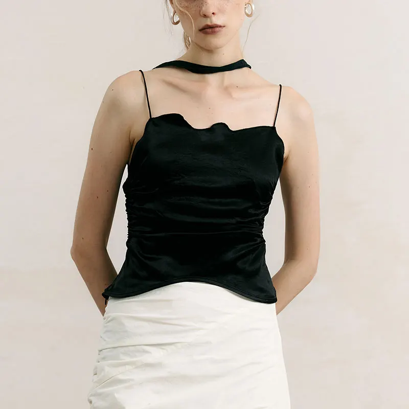 

Velinda Hand-Pied II Sense Bell-Like Strap Vest Base irt 23SS Women's Commute Sle Pure Color Bal Top Polyester Fiber