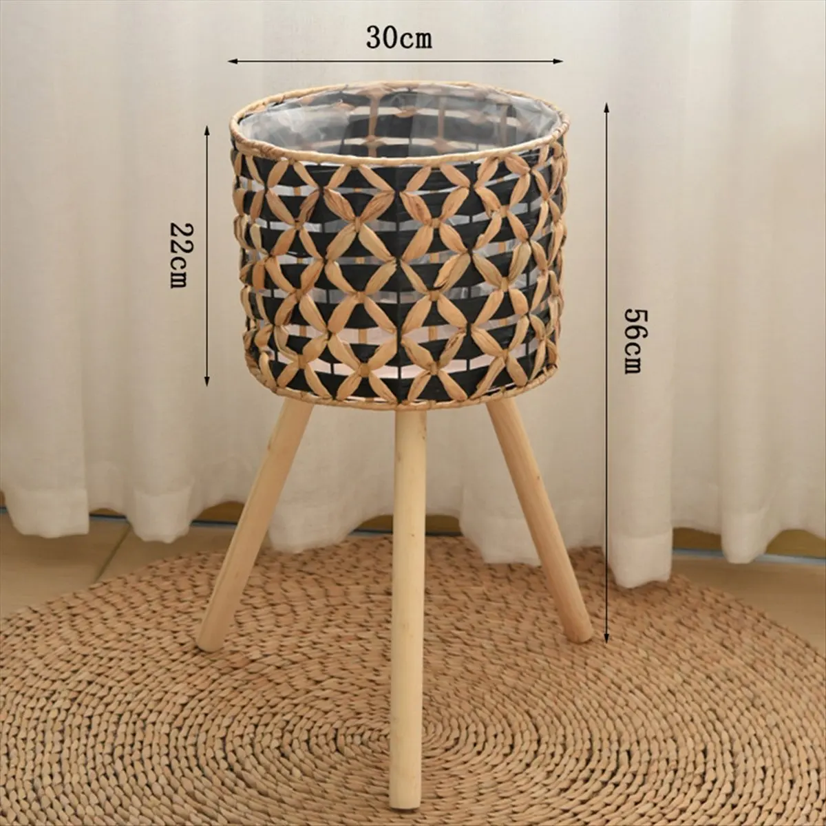 (ABAB) Hand-Woven Flower Stand Wooden Rattan Floor-Standing Balcony Plant Pot Living Room Green Plant Basket 25CM