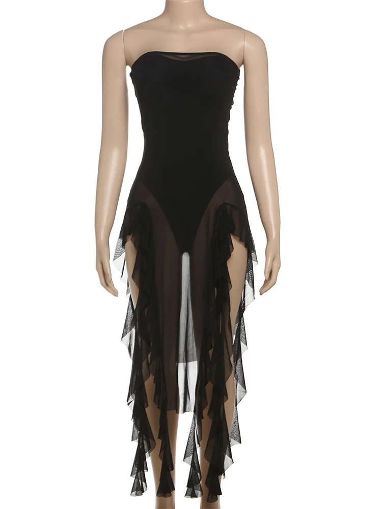 Kliou メッシュタッセル女性ボディスーツ簡潔な固体ストラップレスパッチワーク不規則なスリムマキシタンク女性の夏のセクシーなトレンドクラブウェア