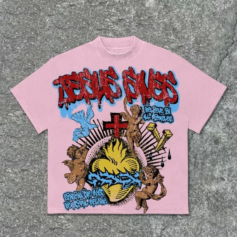 Vintage Jesus Saves Angel Graphic Print Cotton T-Shirt Men Y2K Summer Short Sleeves Casual Oversize Tshirt Streetwear Women Tops