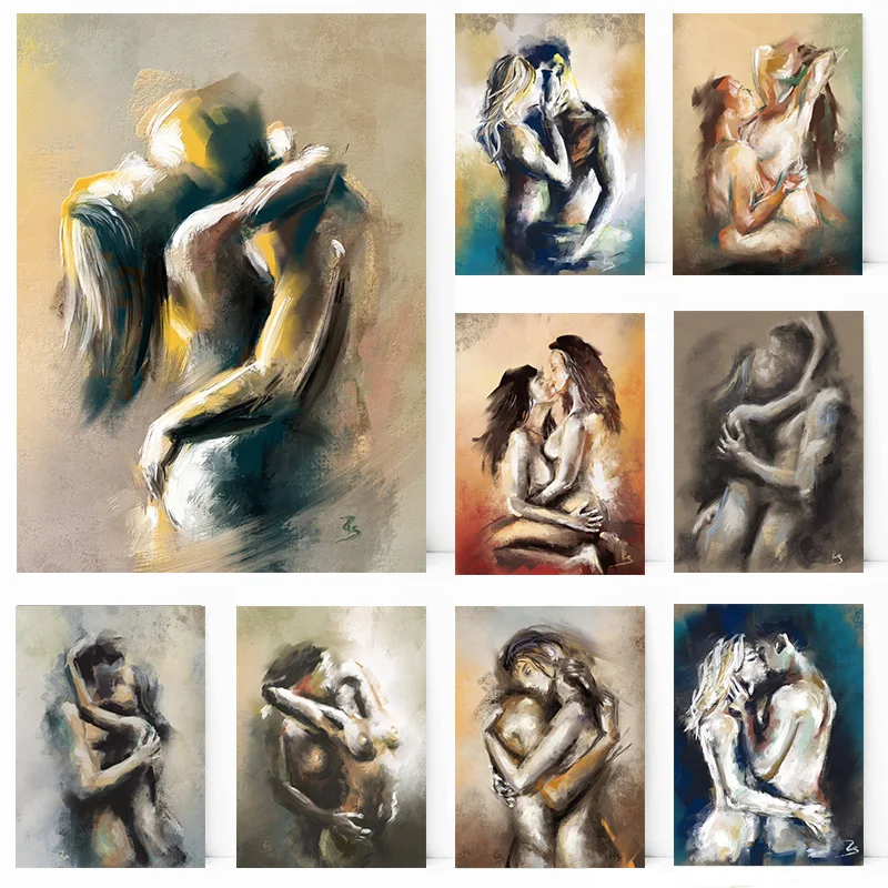 Couple Kiss Hug Abstract Erotic Nude Lovers Embracing Fantasy Sexual Poster Wall Art Pictures Canvas Painting Room Home Decor