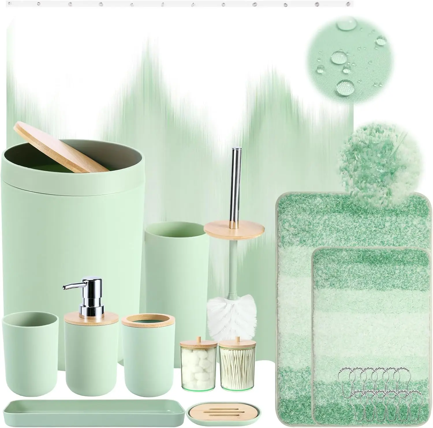 

Green Ombre Waterproof Shower Curtain Set with Ultra Absorbent Rug and Complete Bathroom Accessories for Home Decor