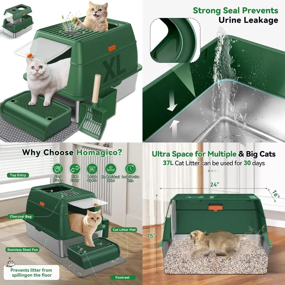 صندوق نفايات القطط من الفولاذ المقاوم للصدأ كبير جدًا مقاوم للصدأ مع غطاء مقاوم للرائحة وغطاء حصيرة القمامة لحجم XL #1