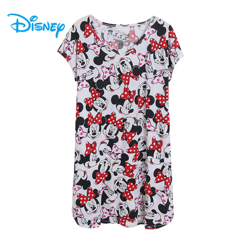 Disney Minnie Mickey Mouse Print T Shirt Dress Summer Casual Women V Neck Short Sleeve Cartoon Shift Dresses Femme Cute Long Tee