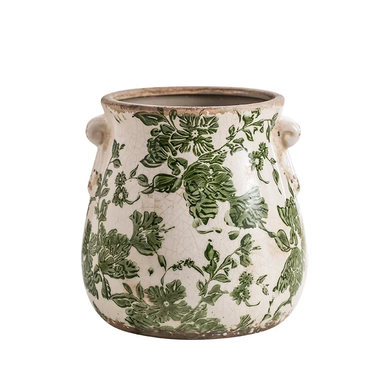 Vintage Double Handle Ceramic Flower Pot, Rustic Botanical Floral Decor Planter, Indoor Container for Orchid Succulent Herbs