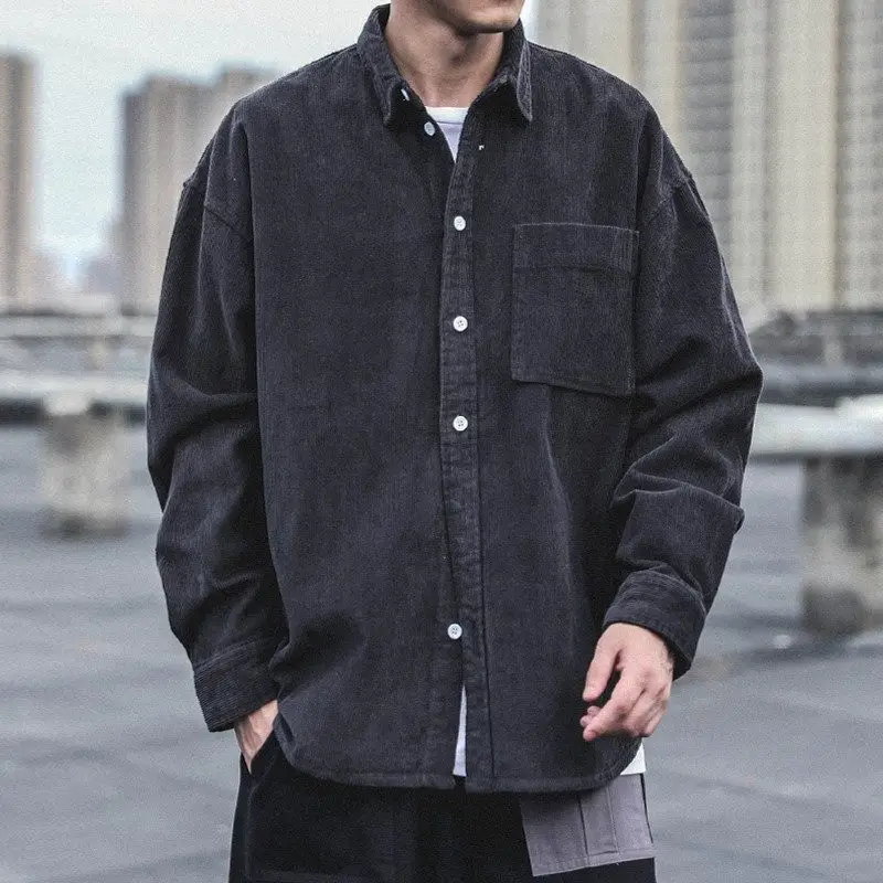 Men's Long Sleeve Corduroy Work Shirt Spring Autumn Wear Resistant Dirt Easy Care Casual Style Outerwear for Youth
