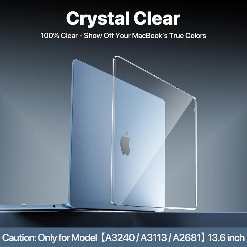 حافظة صلبة فائقة الوضوح بنسبة 100% لجهاز MacBook Air مقاس 13.6 بوصة (M4-M2 2022-2025). كريستال شفاف، قوي، يحمي من الخدوش والصدمات