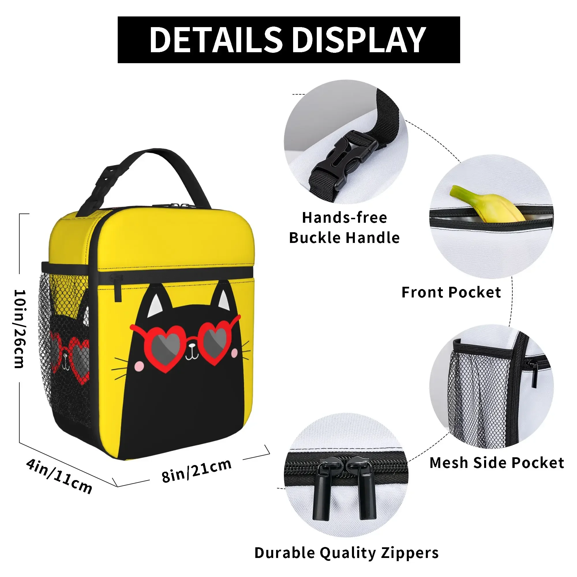 Cat wearing red heart shape sunglasses eyeglasses Lunch Box For Child  Vintage Tote Food Bags Portable Insulated Cooler Bag