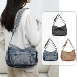 Women Retro Travel Sling Shoulder Bag Casual Washed Denim Commuting Crossbody Bag Female Shopping Tote Handbags Large Day Pack