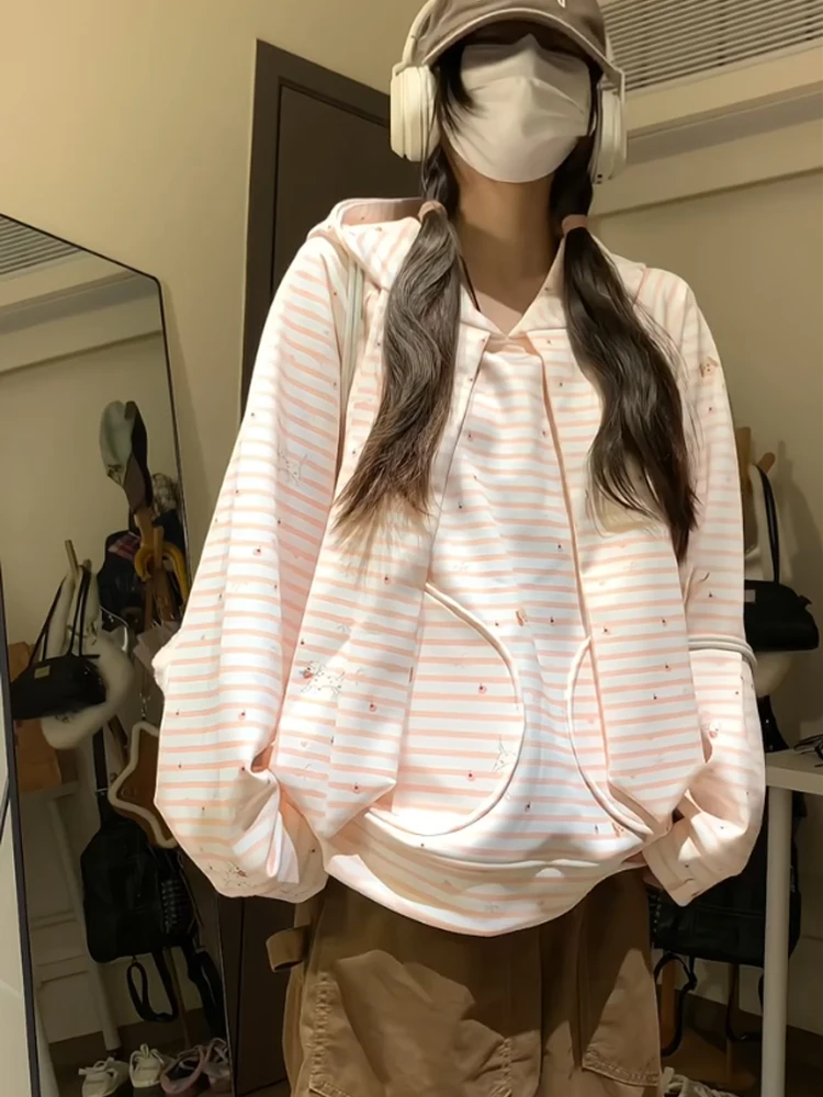 Amerikaanse Sle schattige kleine hond roze gestreepte hoodie dames lente herfst losse bijpassende bovenkleding casual comfortabel sweatshirt