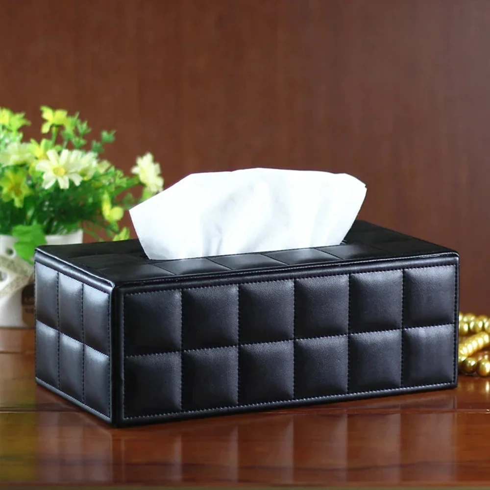 Black Leather Tissue Box Rectangular Paper Holder Car Line Grid Tissue Box Case Living Room Napkin Container Organizer Holder