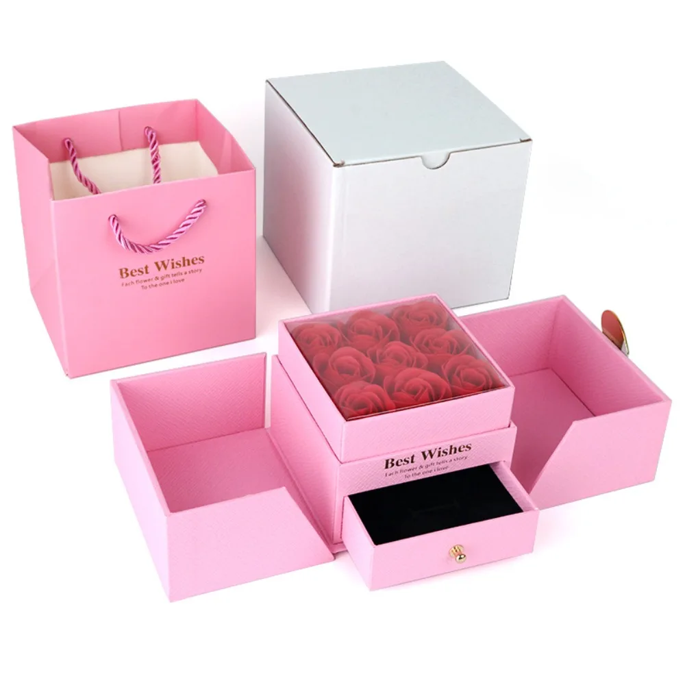 

New Heart Shaped Rose Gift Box Automatic Pop-up Portable Diamond Ring Box Jewelry Storage Box For Girl Wedding