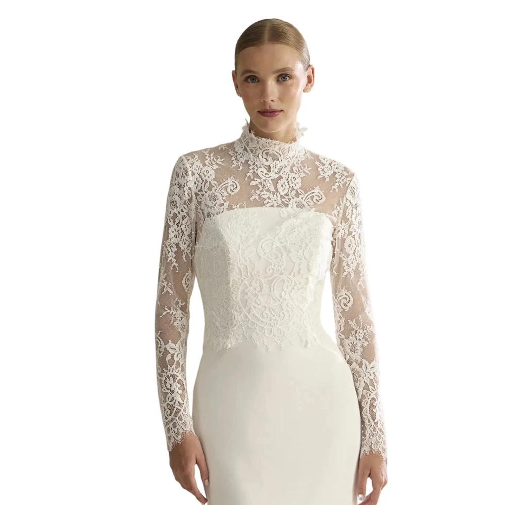 سترة زفاف بسيطة العروس بوليرو يزين الدانتيل كم طويل الرقبة العالية لفستان الزفاف اكسسوارات الزفاف المخصصة #4