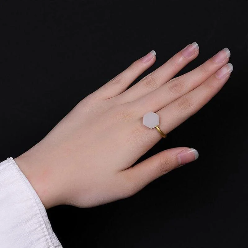 High Grade Jade Hexagon Pattern Women Index Finger Accessories Fashion Lady 925 Sterling Silver Ring Female Jewelry Adjustable