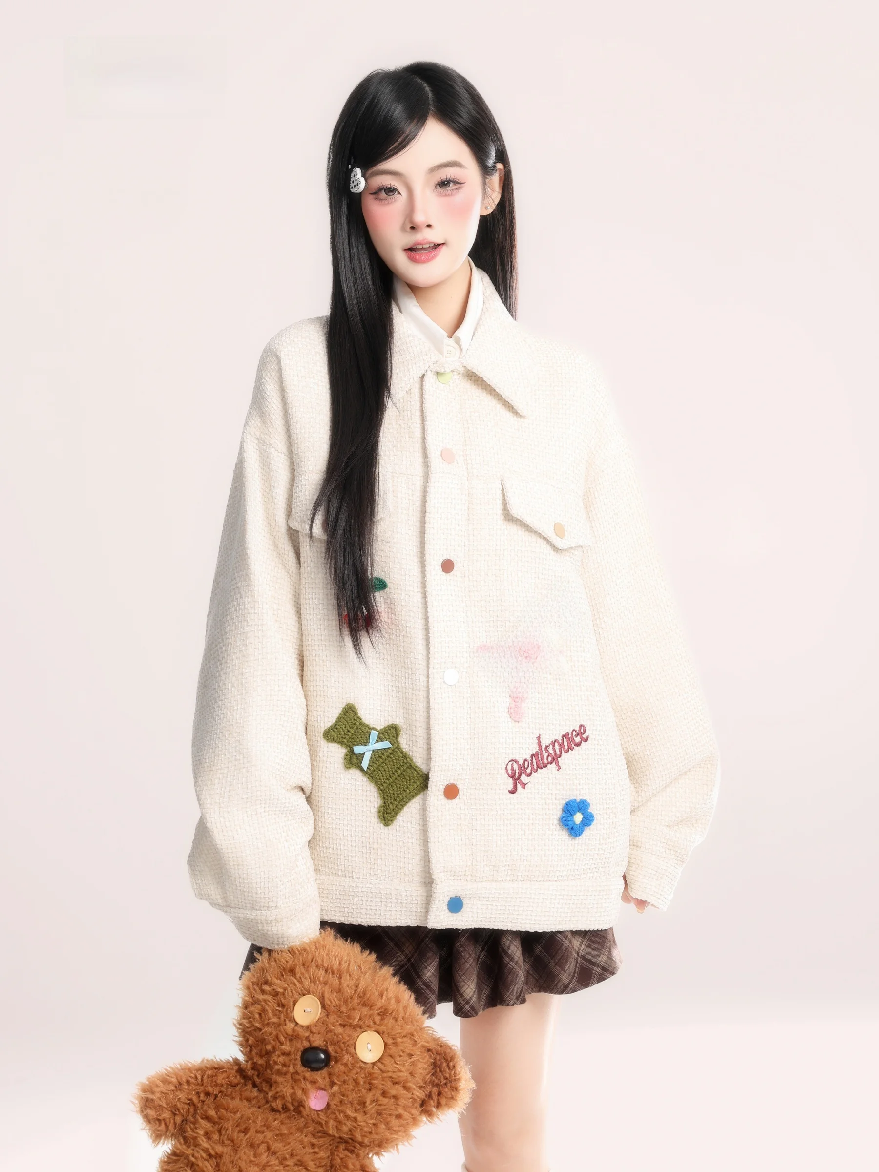 

HM American Retro Towel Embroidery Wfle Collar Jaet Women's Loose Spring Outerwear Casual Sle Long Sve Coat