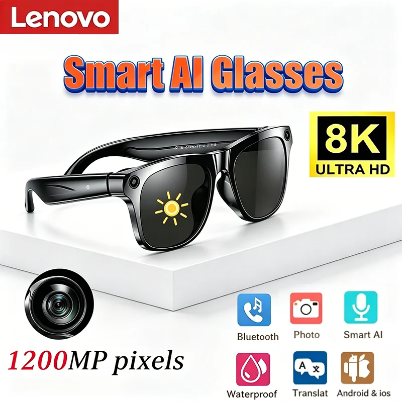 

Умные очки Lenovo 2026 New 8K AI с камерой 1200 МП, сенсорным управлением, спортивные солнцезащитные очки, музыкальный плеер, голосовой помощник, звонки по Bluetooth