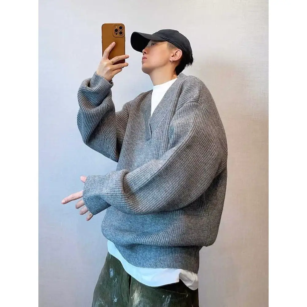 

Fall Winter V-Ne Knitted Cardigan Men's Casual Sle Pure Color Lazy Faion Long Sve Polyester Fiber Coat