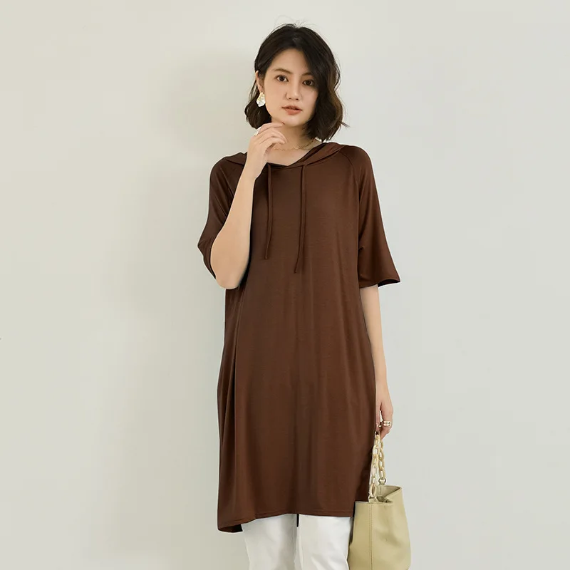Lente Zomer Hooded Jurk Half Mouwen Modal Casual Loose Lange Jurk Effen Kleuren Vrouwelijke Kleding Streetwear