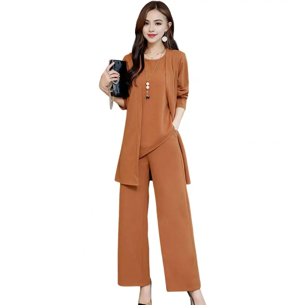 Women Fall Suit Elegant Women\'s Spring Fall Outfit Set with Sleeveless Vest Long Sleeves Coat Wide Leg Pants for Office Daily