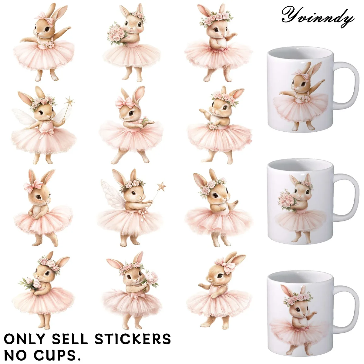 UV DTF Transfer Sheets,  Mark Cup Wraps, 12 Pieces Pink Ballet Rabbit Patterns Random Designs UV DTF Transfer Paper Waterproof