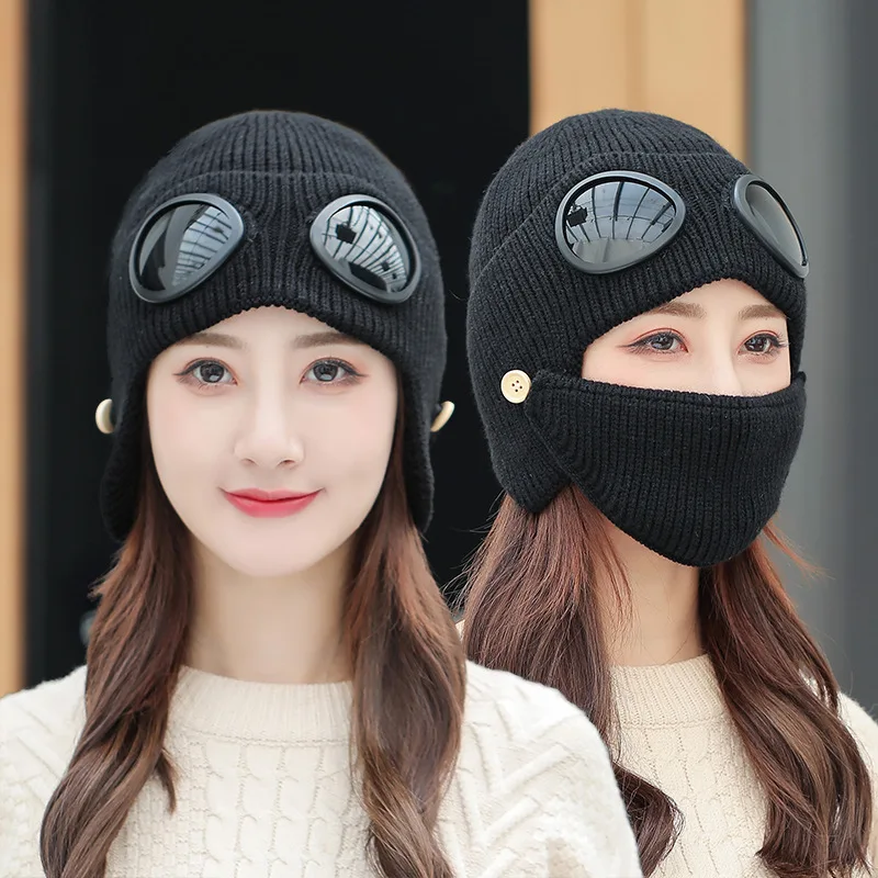 Knitted beanie hat with glasses retro hat male woolen hat female winter tide brand outdoor warm ski hat