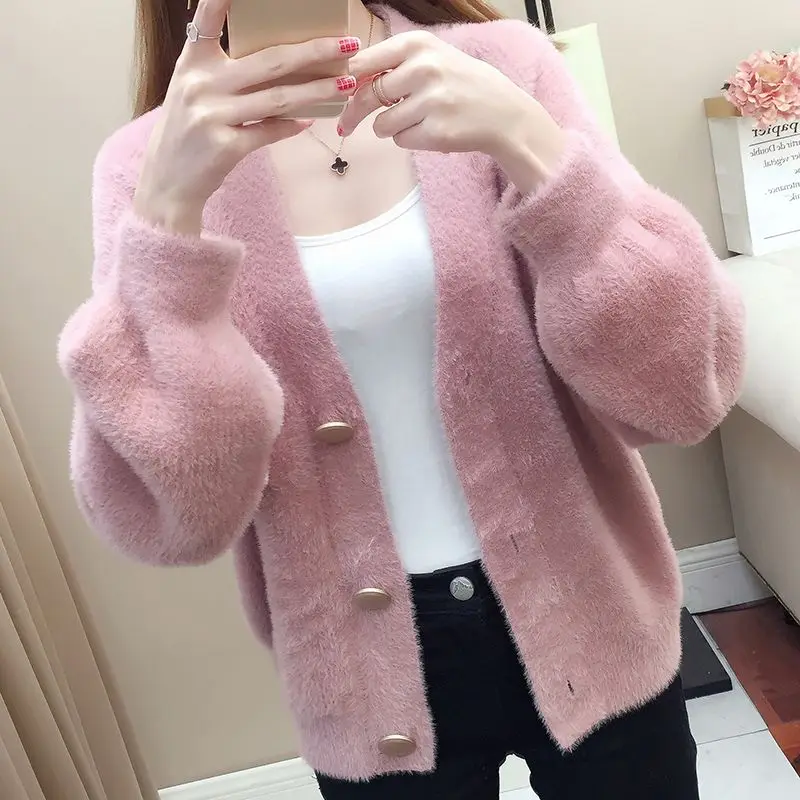 2023 Spring and Autumn Women\'s New Fashion Commuter Mink Fleece Cardigan Coat Loose Korean Short Comfortable Versatile Sweater