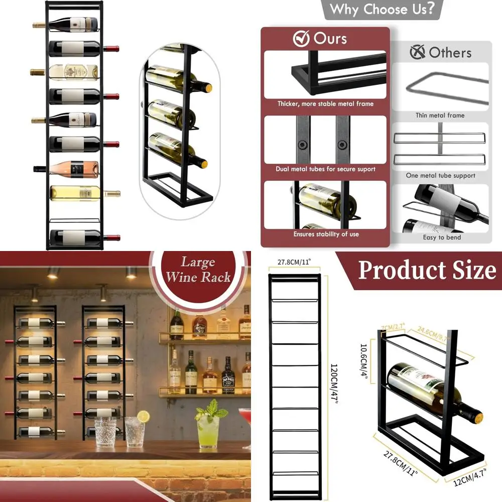 

Black Metal 10-Bottle Wall-Mounted Wine Rack Organizer for Home, Bar, and Kitchen