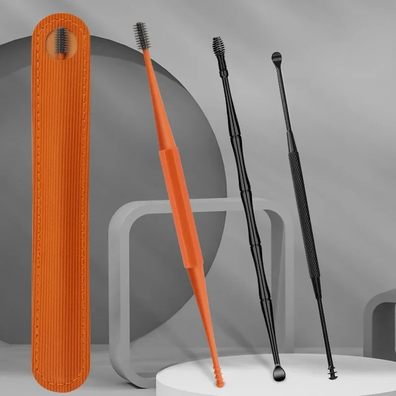 Removedor de cerumen de silicona suave, limpiador de oídos portátil, cera de los oídos de acero inoxidable, 2 púas de oreja de cabeza, removedor de cureta de cerumen, 1/3 Uds.