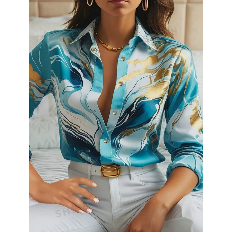 Elegant Blue Shirt Woman Turn Down Collar Long Sleeve Button Blouse Women Elegant Vintage Printed Shirts 2024