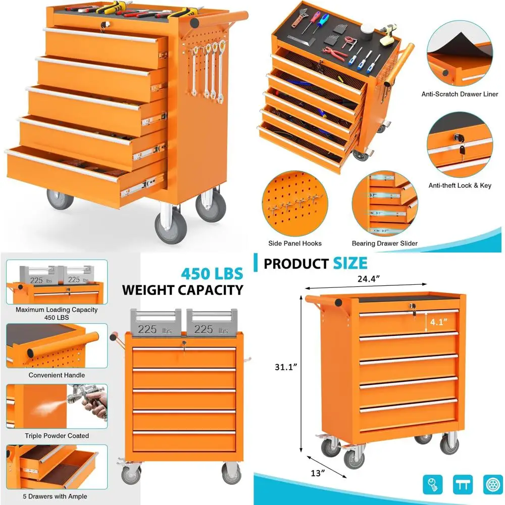 

Портативный рулонный ящик для инструментов с 5 ящиками и замком, идеально подходит для хранения склада, гаражей и ремонтных магазинов.