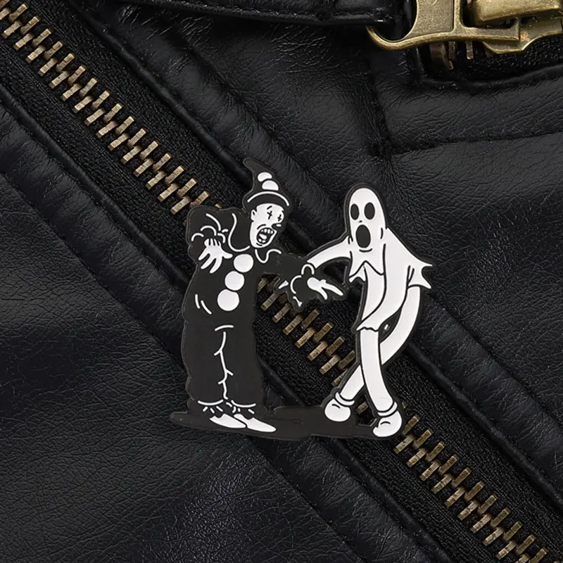 Clown and Ghost Dancing Enamel Pin Retro Cartoon Halloween Gothic Black White for Denim Jacket Backpack Hat Alt Punk