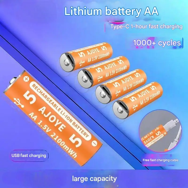 Fast Charging 1.5V 2100mWh AA Rechargeable Battery USB Type-C Rechargeable Li-ion Battery for Remote Control Electric Toys Mouse