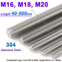 M16 M18 M20 304 Stainless Steel Fully Threaded Bar Full Metric Thread Rods Screw Anchor Headless Bolts Fastener Stud L=40-500mm