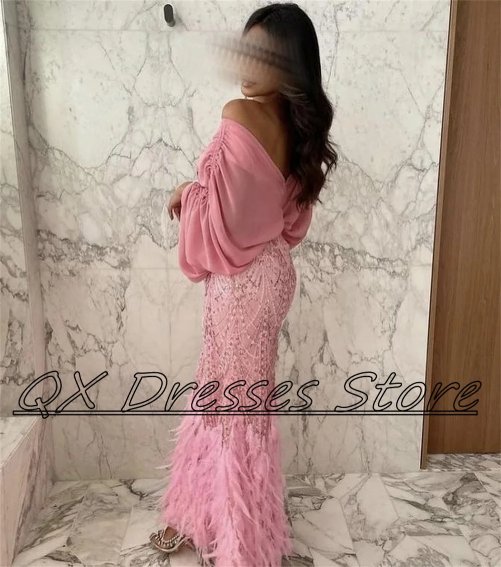 Customized Exquisite Prom Gown for Women V-Neck Long Sleeves Beading Feather Side High Slit Birthday Party Dresses فساتين للحفلا