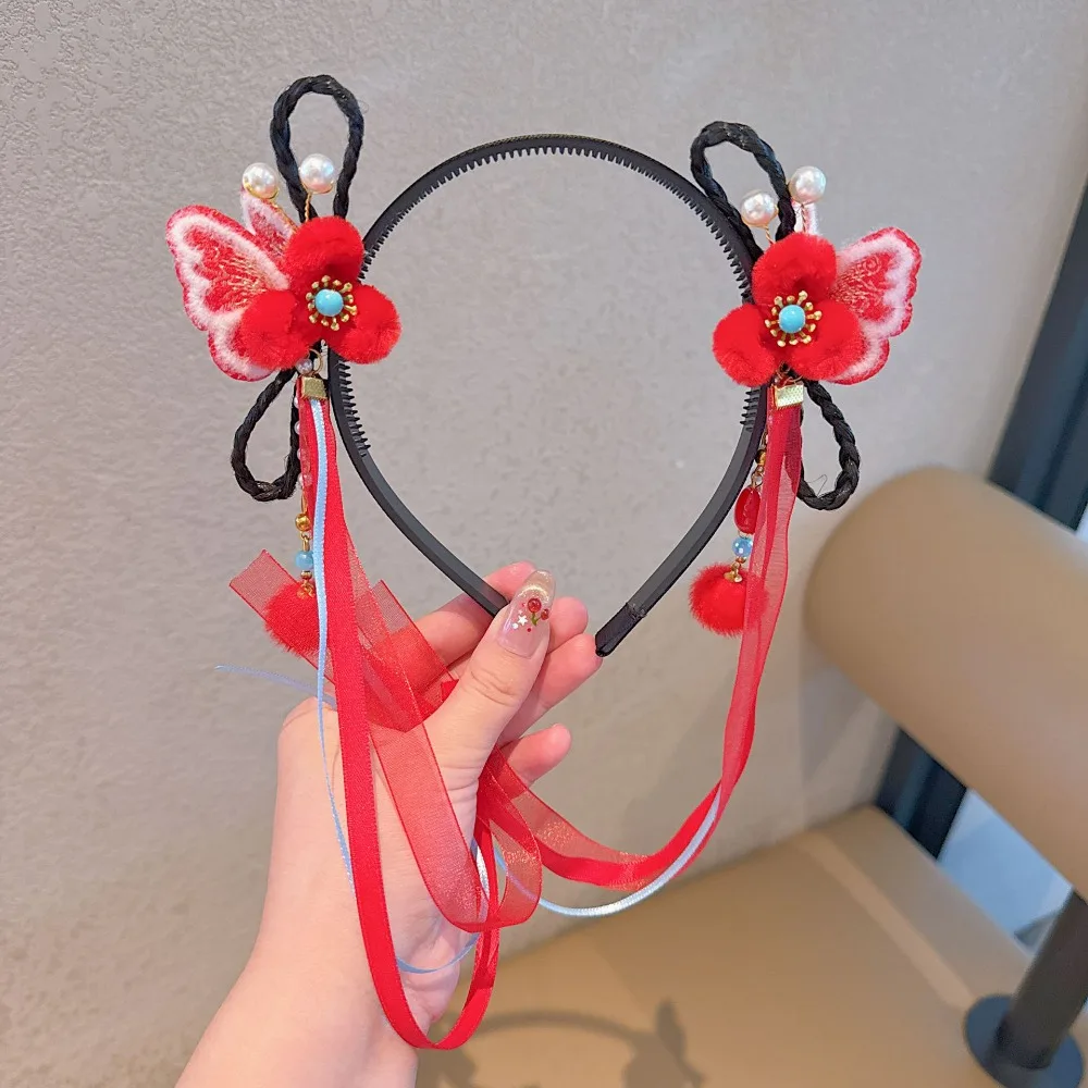 

Flower Children Wig Headband Butterfly Tassel Chinese New Year Headwear Tang Suit Hair Hoop Braid Hair