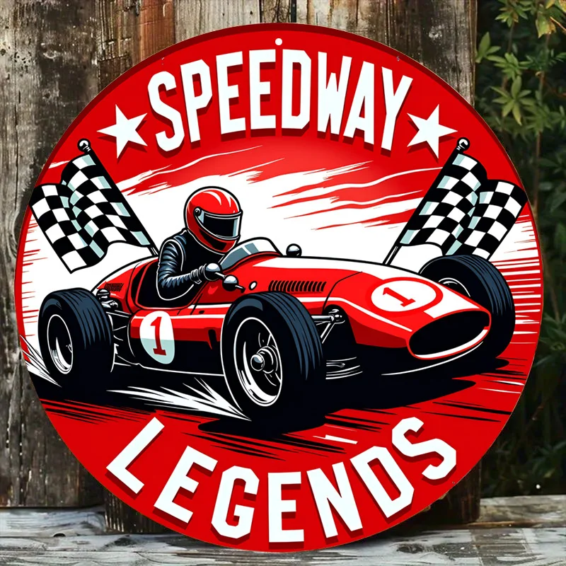 

Retro Race Track Sign - Circular Metal Art with Checkered Flag, Vintage Helmet Motif for Man Cave