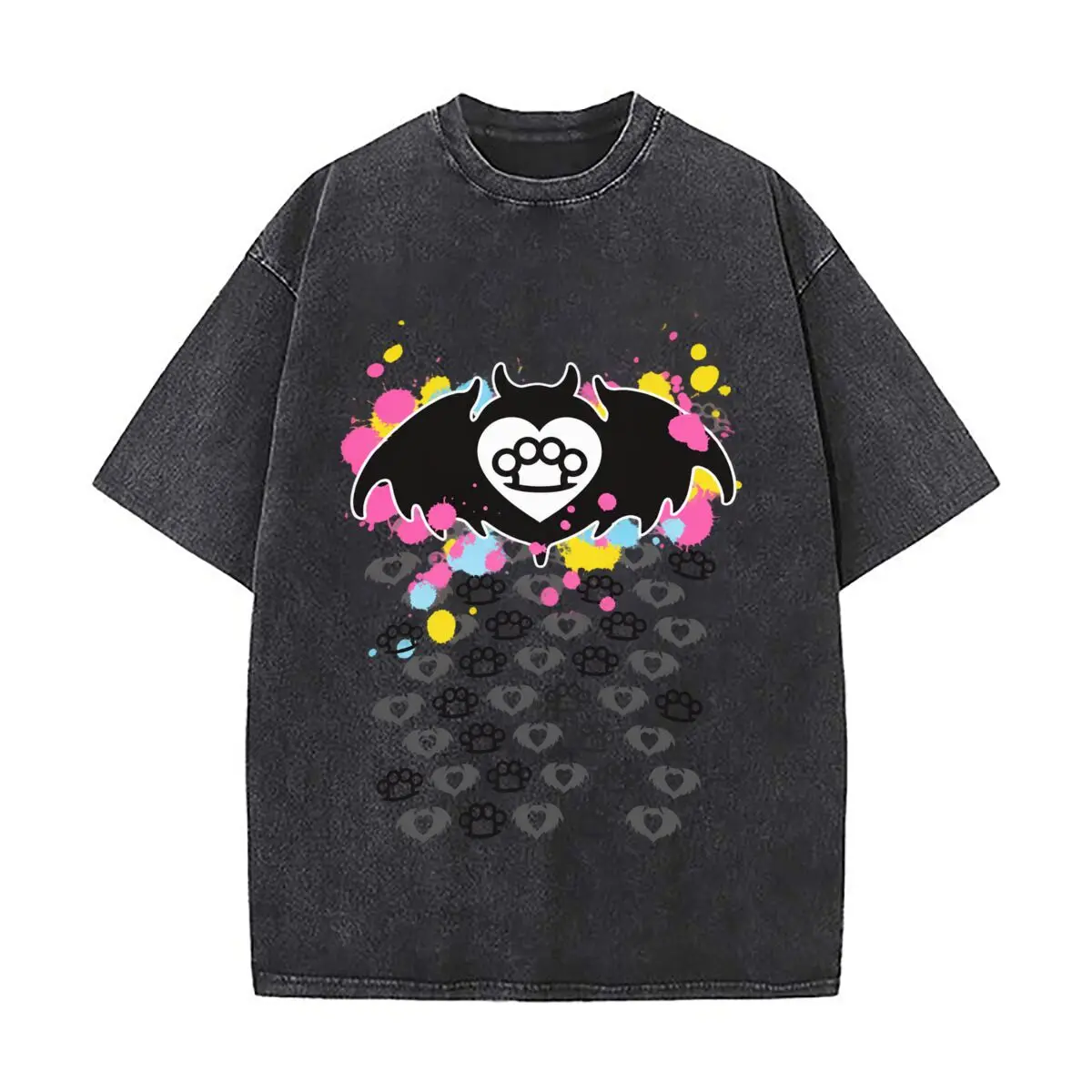 Gothic Bat Heart Brass Knuckles Colorful Splatter Pattern Washed Short Sleeve Loose Streetwear Tee Hip Hop