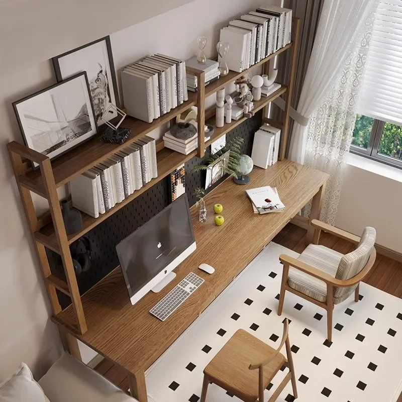 Household solid wood wrought iron double desk bookshelf integrated study long table workbench computer desk with drawer