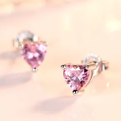 925 Sterling Silver Pink Red White Purple Heart Zircon Stud Earrings For Women Engagement Piercing Jewelry Accessories Money 925